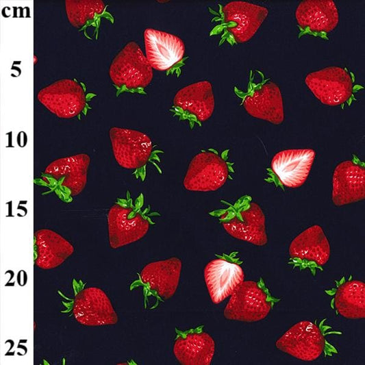 Cotton poplin - Strawberry print with navy background (per metre)